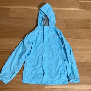 The North Face Hyvent youth large (YL) light blue rain jacket with hood.
